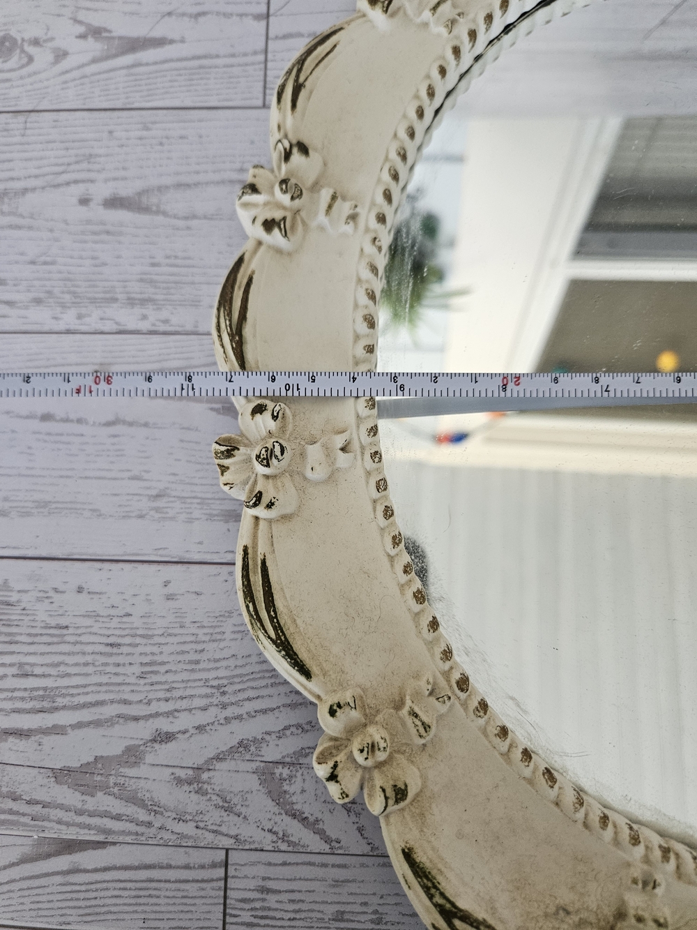 Vintage 1940s Syroco Wood Tabletop Vanity Mirror - Cream Shabby Chic Bow Oval - Picture 9 of 9